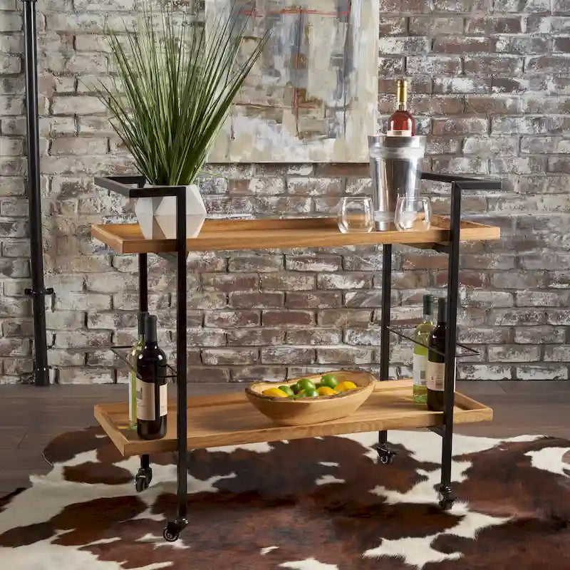 Natural / Walnut Rolling Bar Cart with Wine Storage & Lockable Casters