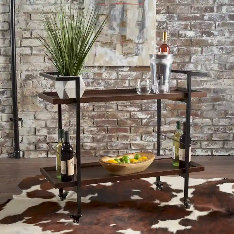 Natural / Walnut Rolling Bar Cart with Wine Storage & Lockable Casters