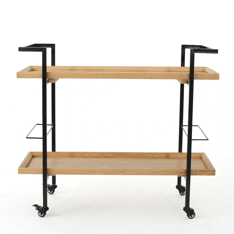 Natural / Walnut Rolling Bar Cart with Wine Storage & Lockable Casters