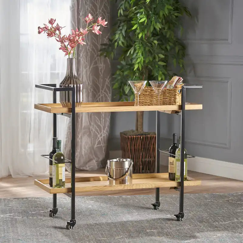 Natural / Walnut Rolling Bar Cart with Wine Storage & Lockable Casters