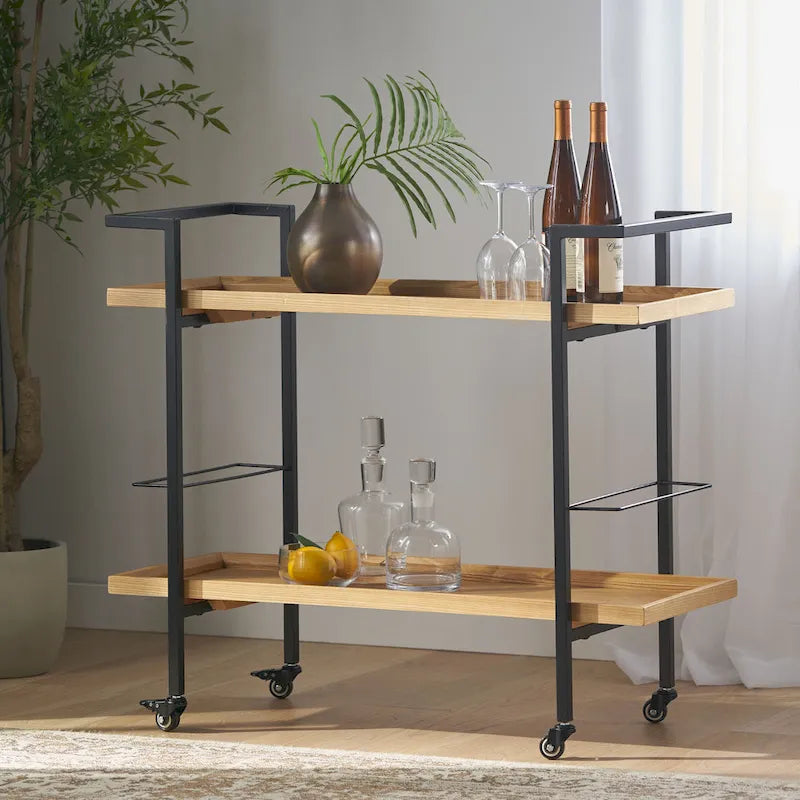Natural / Walnut Rolling Bar Cart with Wine Storage & Lockable Casters