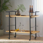 Natural / Walnut Rolling Bar Cart with Wine Storage & Lockable Casters