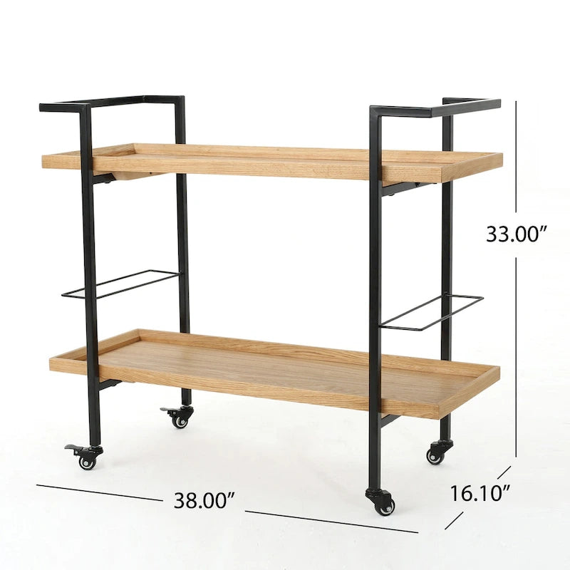 Natural / Walnut Rolling Bar Cart with Wine Storage & Lockable Casters