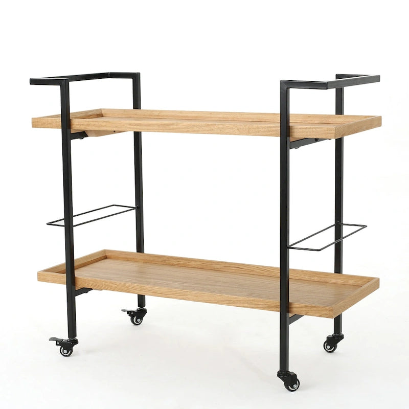 Natural / Walnut Rolling Bar Cart with Wine Storage & Lockable Casters
