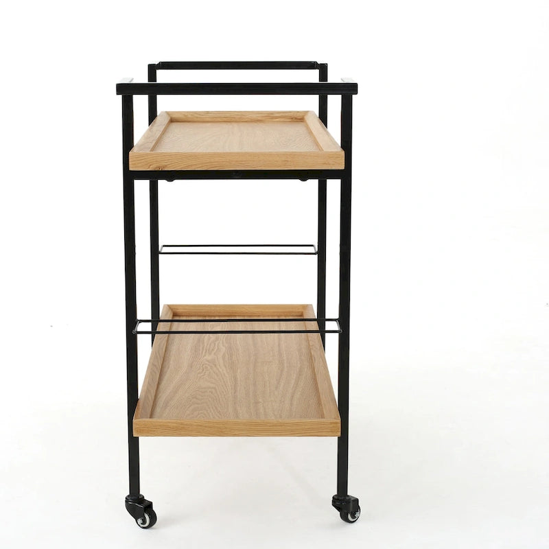 Natural / Walnut Rolling Bar Cart with Wine Storage & Lockable Casters
