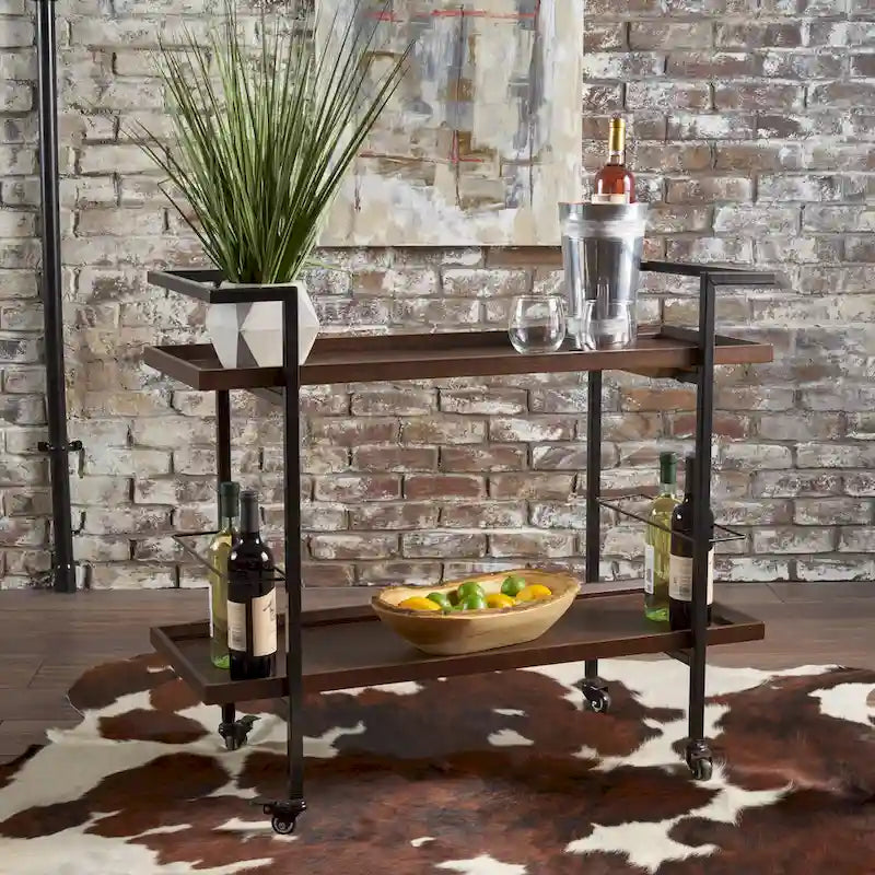 Natural / Walnut Rolling Bar Cart with Wine Storage & Lockable Casters