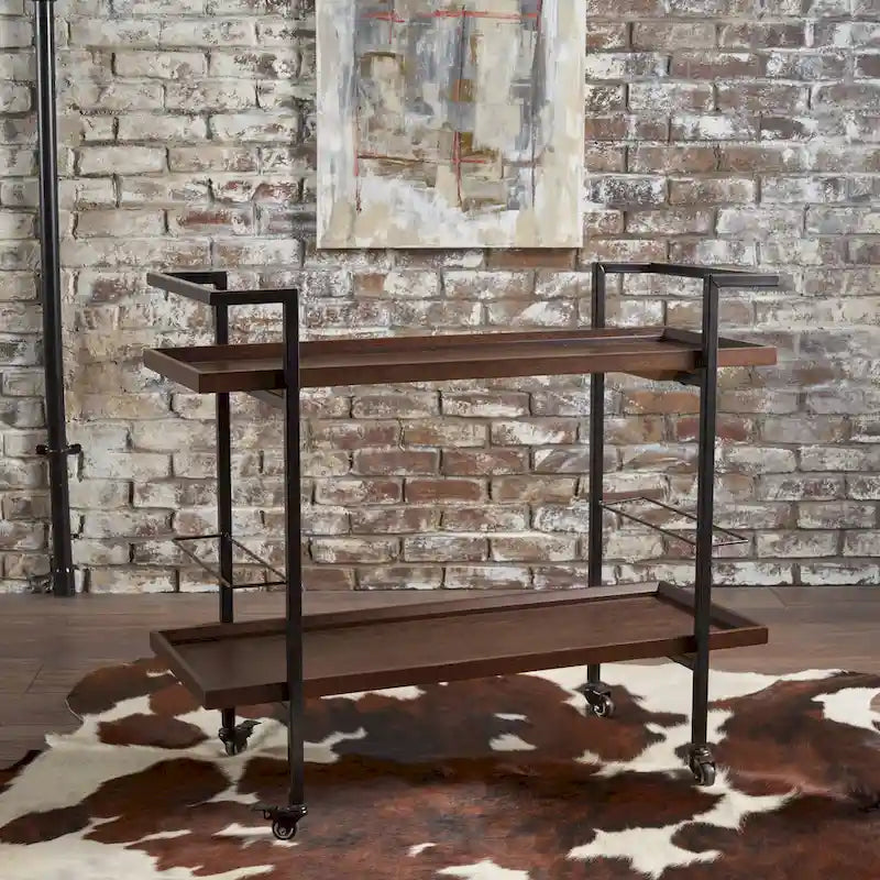 Natural / Walnut Rolling Bar Cart with Wine Storage & Lockable Casters