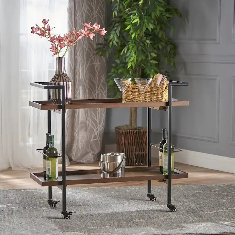 Natural / Walnut Rolling Bar Cart with Wine Storage & Lockable Casters