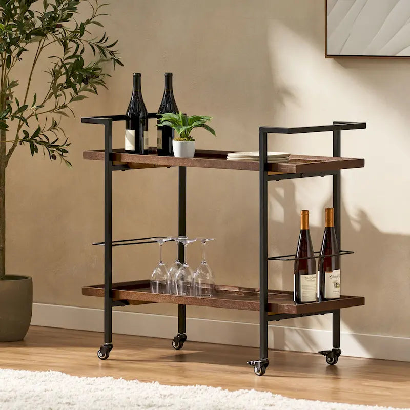 Natural / Walnut Rolling Bar Cart with Wine Storage & Lockable Casters
