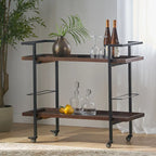 Natural / Walnut Rolling Bar Cart with Wine Storage & Lockable Casters