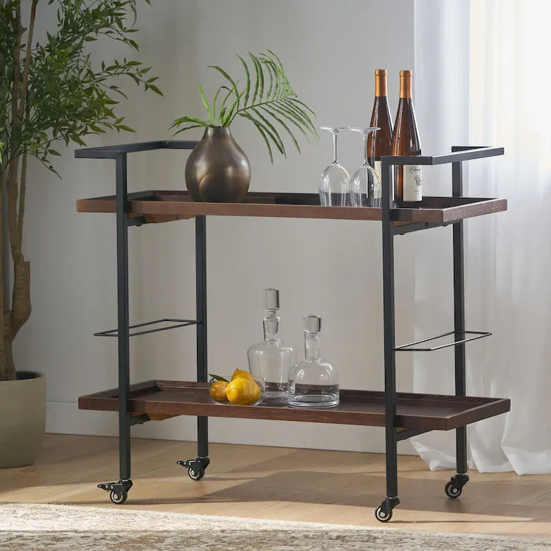 Natural / Walnut Rolling Bar Cart with Wine Storage & Lockable Casters