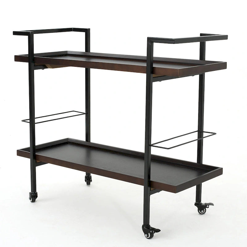 Natural / Walnut Rolling Bar Cart with Wine Storage & Lockable Casters