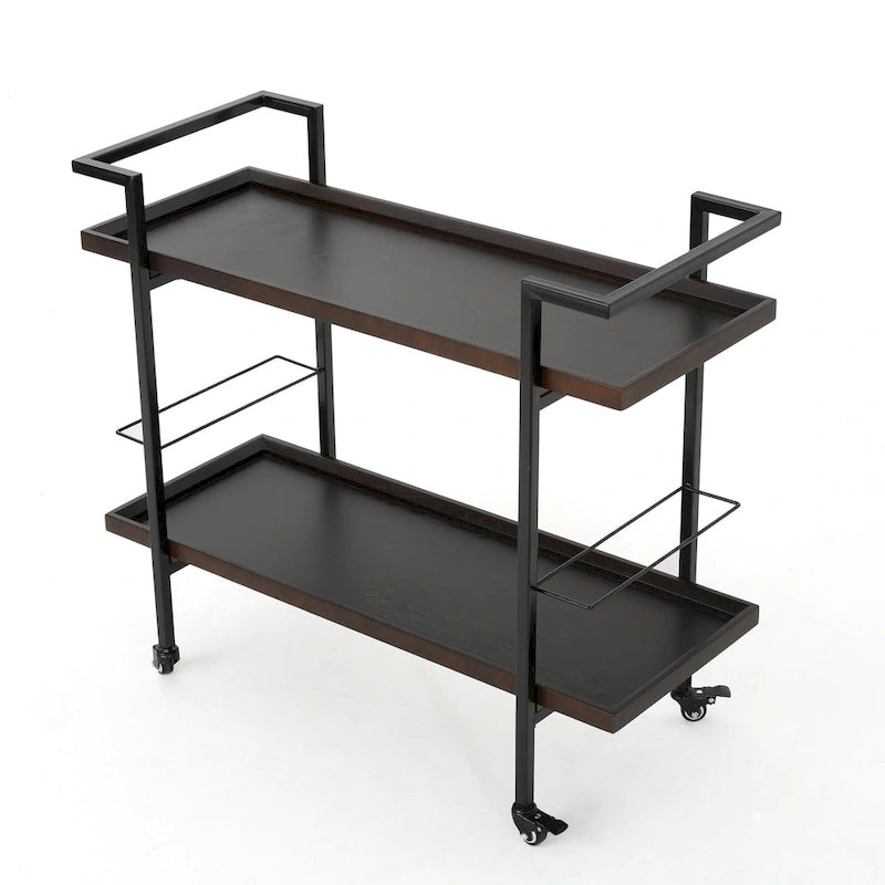 Natural / Walnut Rolling Bar Cart with Wine Storage & Lockable Casters