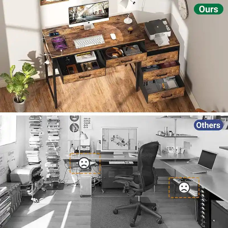 55 Computer Desk with 5 Fabric Drawers,Home Office Desk with Power Outlets  Printer Stand
