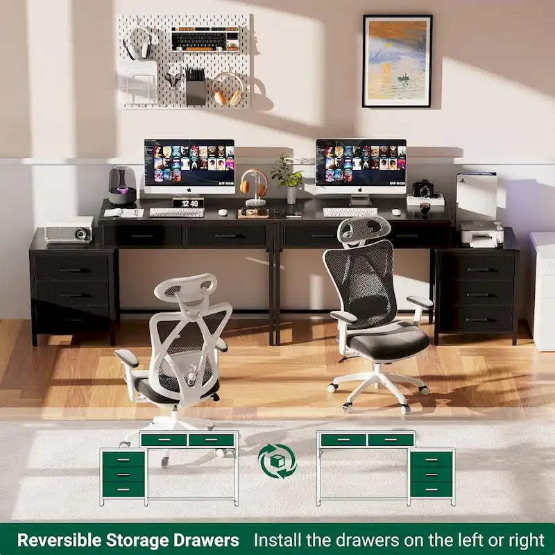 55 Computer Desk with 5 Fabric Drawers,Home Office Desk with Power Outlets  Printer Stand