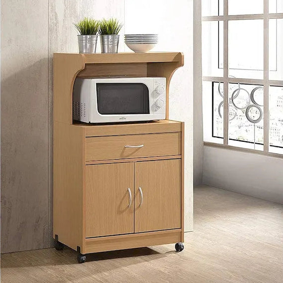 Brown Microwave Cart with Drawer, Cabinet & Locking Wheels – 1 Person