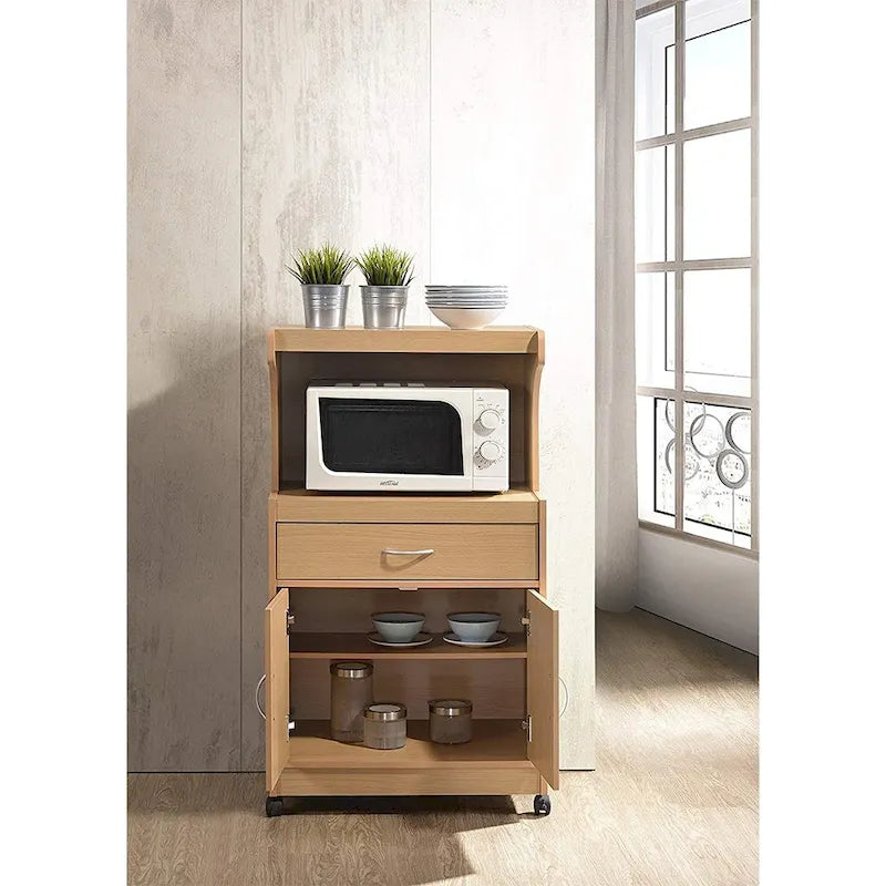 Brown Microwave Cart with Drawer, Cabinet & Locking Wheels – 1 Person