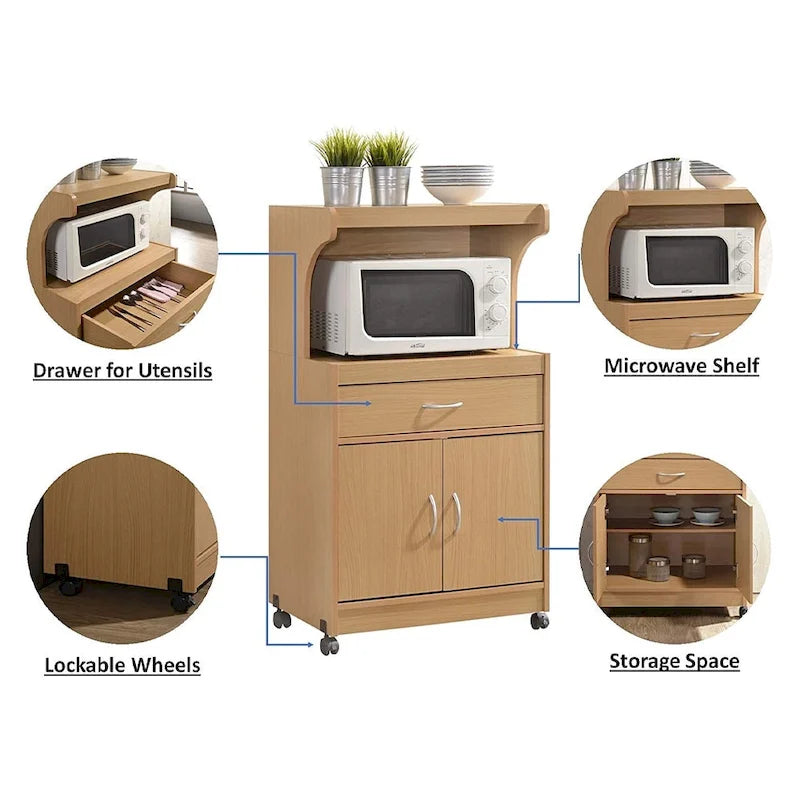 Brown Microwave Cart with Drawer, Cabinet & Locking Wheels – 1 Person