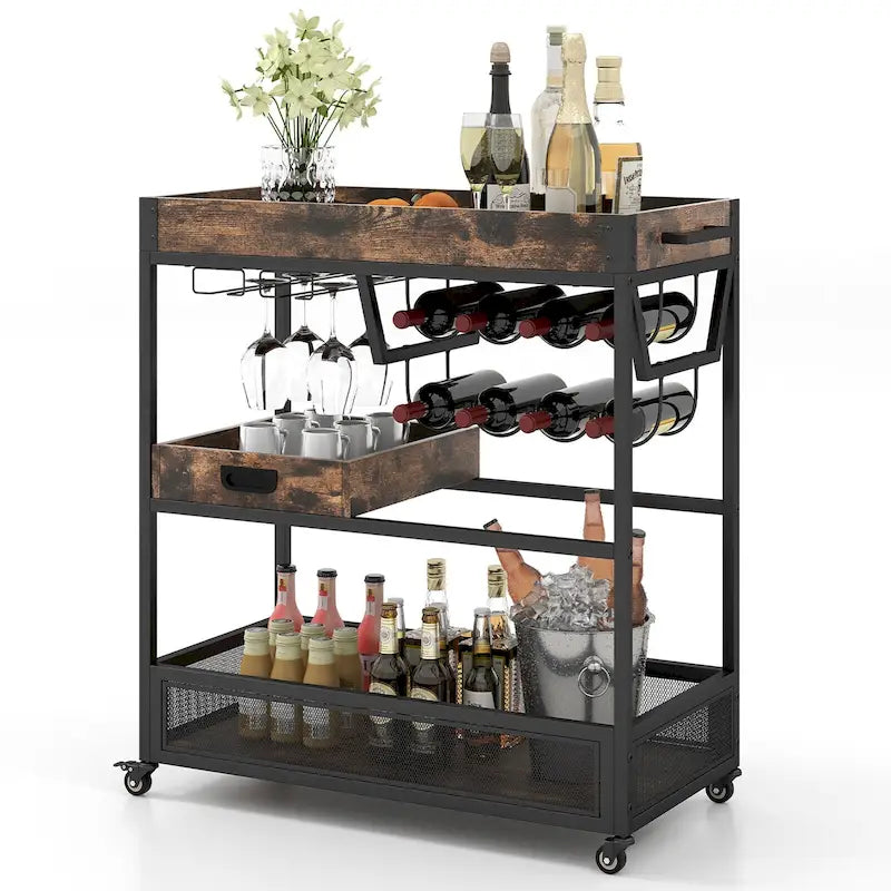 Brown 3-Tier Kitchen Bar Cart for 1 Person