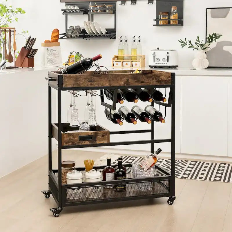 Brown 3-Tier Kitchen Bar Cart for 1 Person