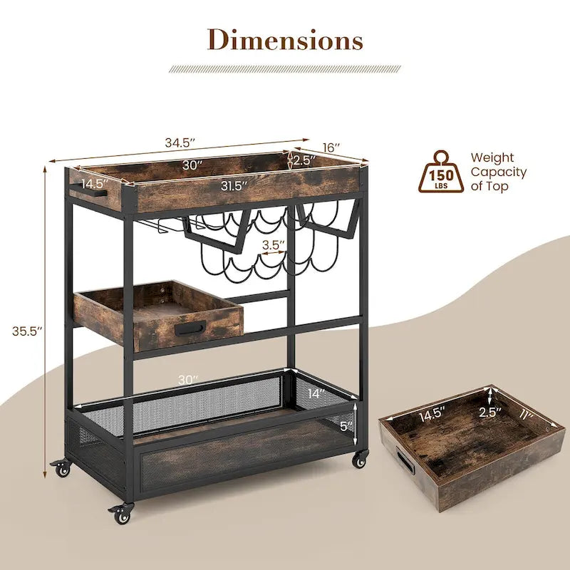 Brown 3-Tier Kitchen Bar Cart for 1 Person