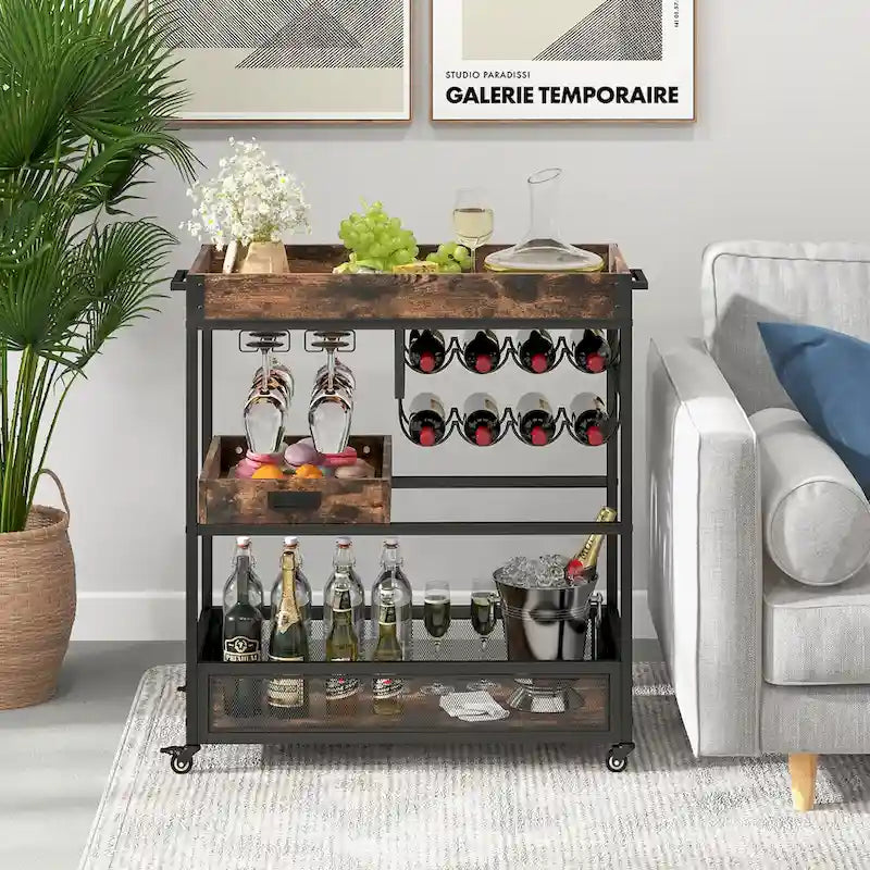 Brown 3-Tier Kitchen Bar Cart for 1 Person