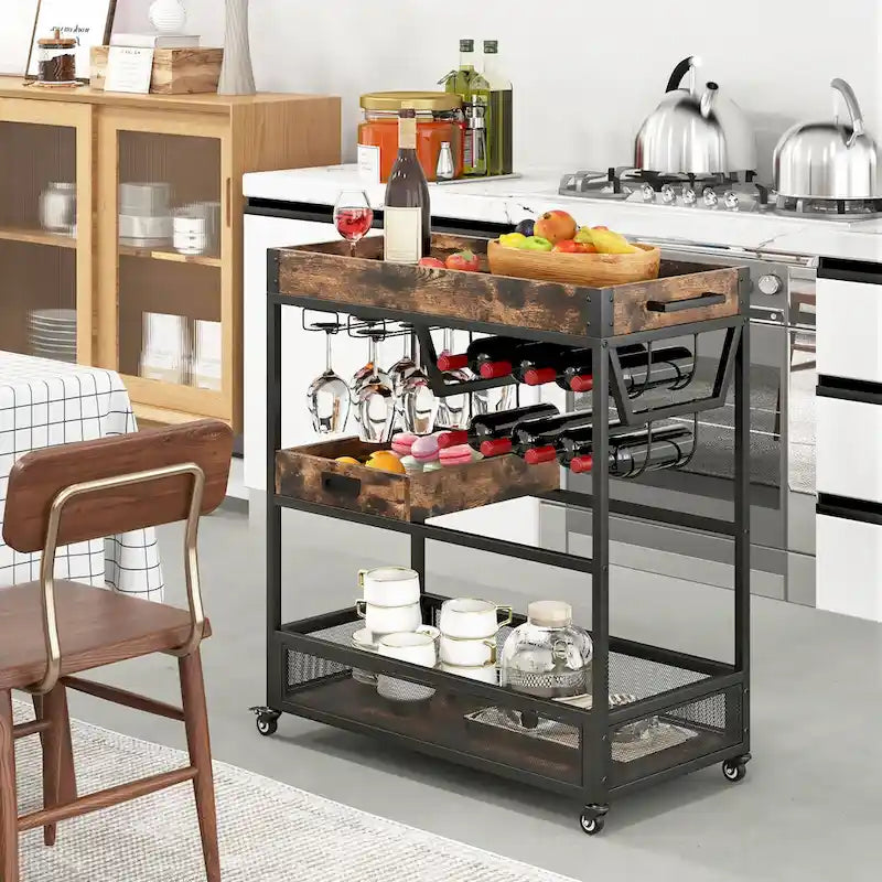 Brown 3-Tier Kitchen Bar Cart for 1 Person
