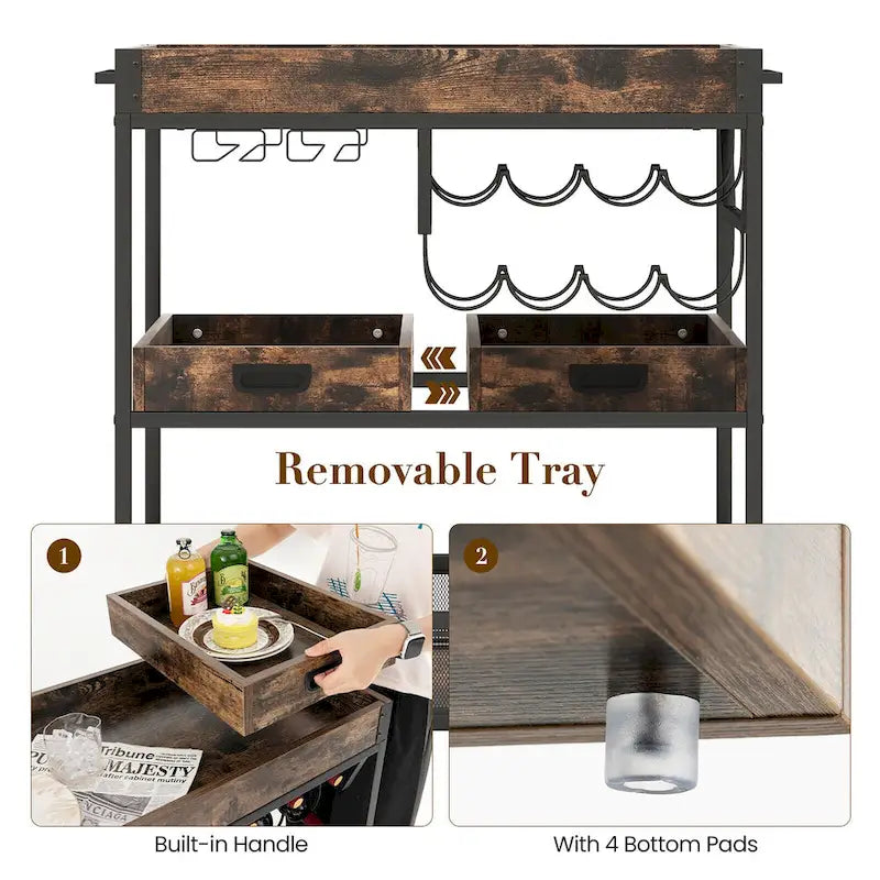 Brown 3-Tier Kitchen Bar Cart for 1 Person
