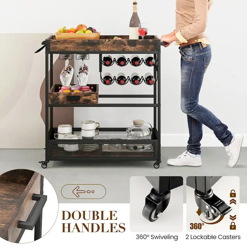 Brown 3-Tier Kitchen Bar Cart for 1 Person