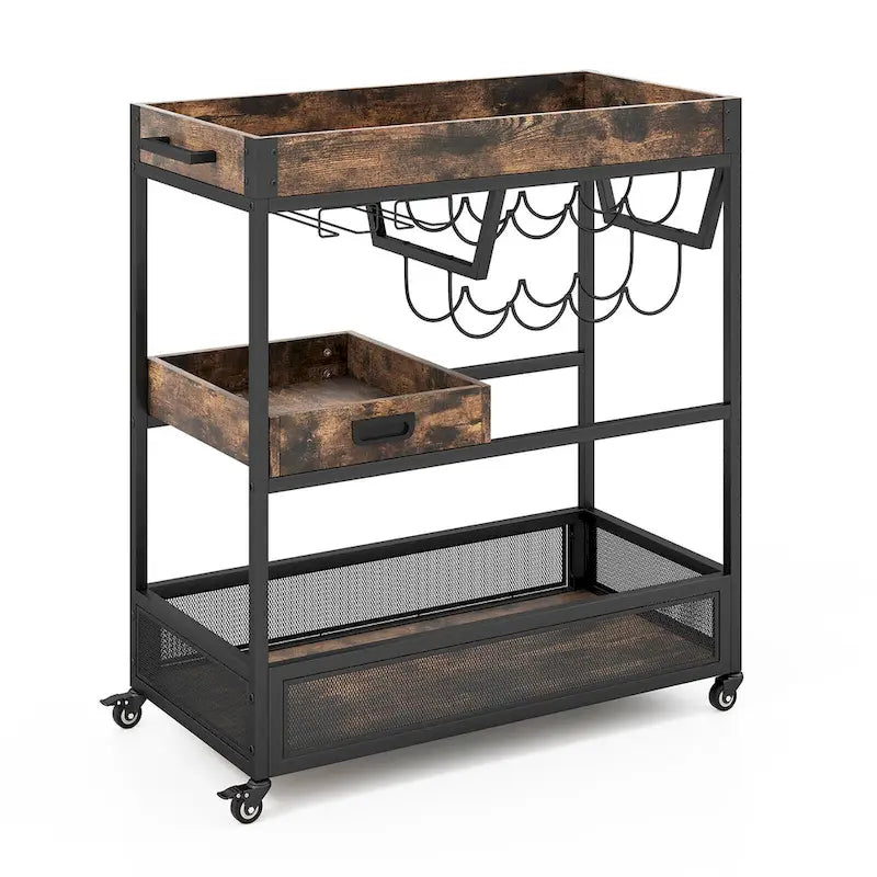 Brown 3-Tier Kitchen Bar Cart for 1 Person