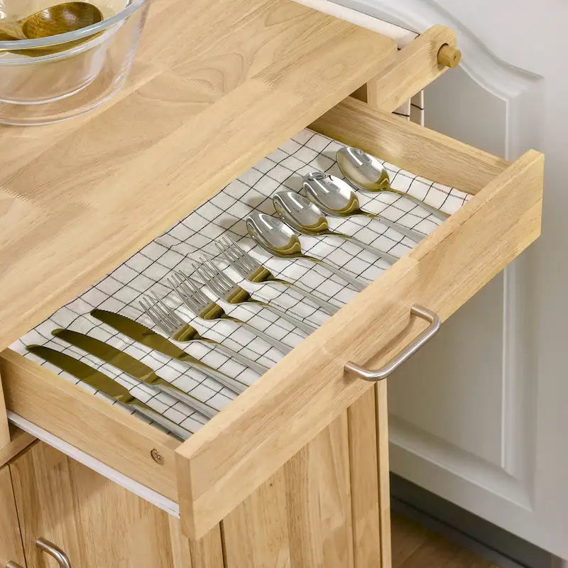 Natural Wood & White Rolling Kitchen Island Cart for 1–2, No Stool