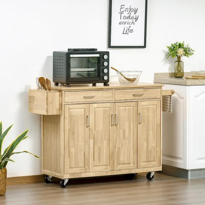 Natural Wood & White Rolling Kitchen Island Cart for 1–2, No Stool