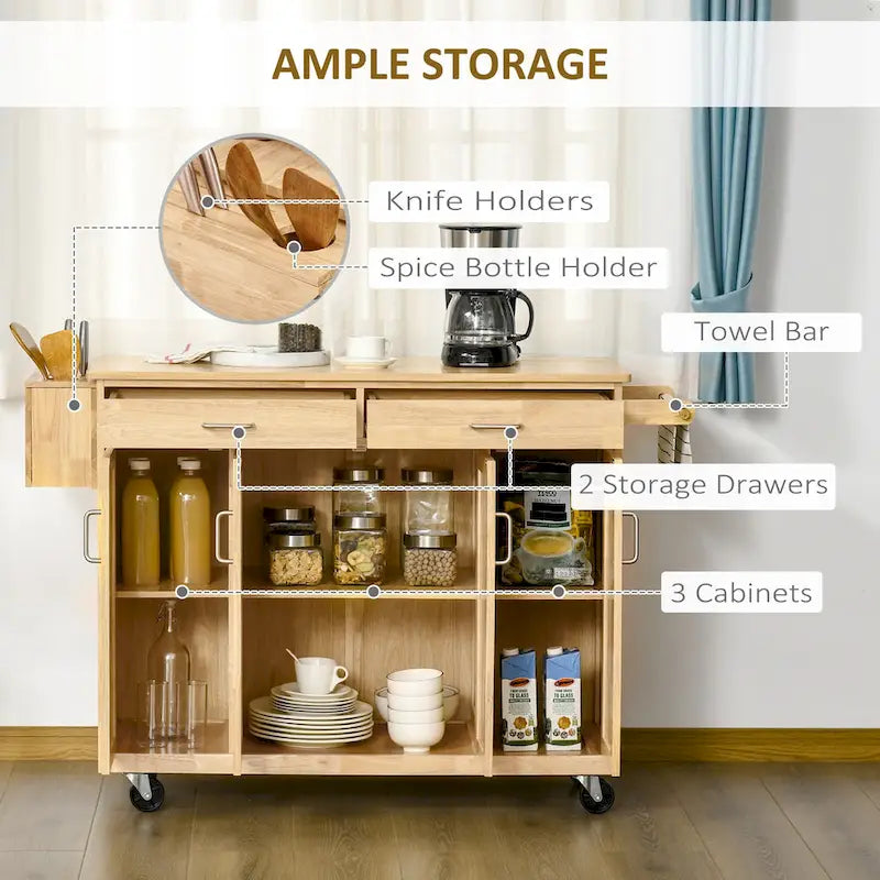 Natural Wood & White Rolling Kitchen Island Cart for 1–2, No Stool