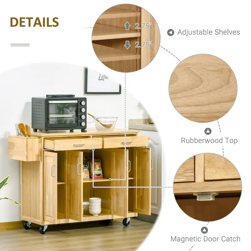 Natural Wood & White Rolling Kitchen Island Cart for 1–2, No Stool