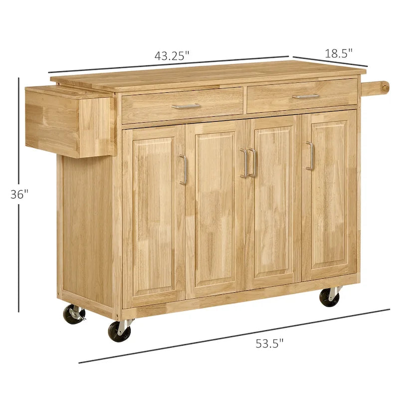 Natural Wood & White Rolling Kitchen Island Cart for 1–2, No Stool