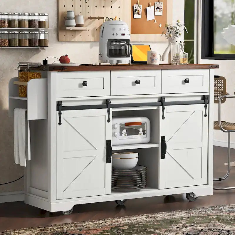 Black Farmhouse Kitchen Island with Storage & Power Outlet, 1-Person