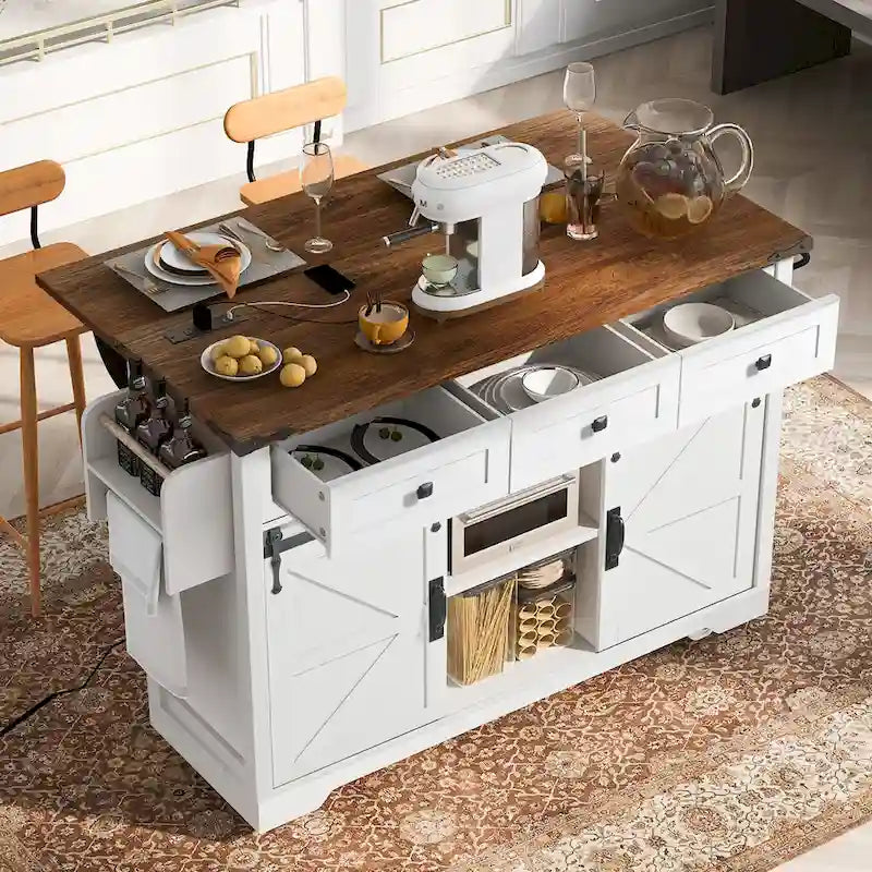 Black Farmhouse Kitchen Island with Storage & Power Outlet, 1-Person