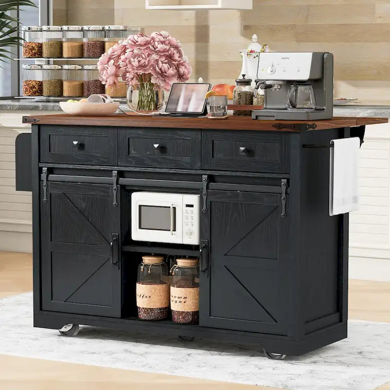Black Farmhouse Kitchen Island with Storage & Power Outlet, 1-Person