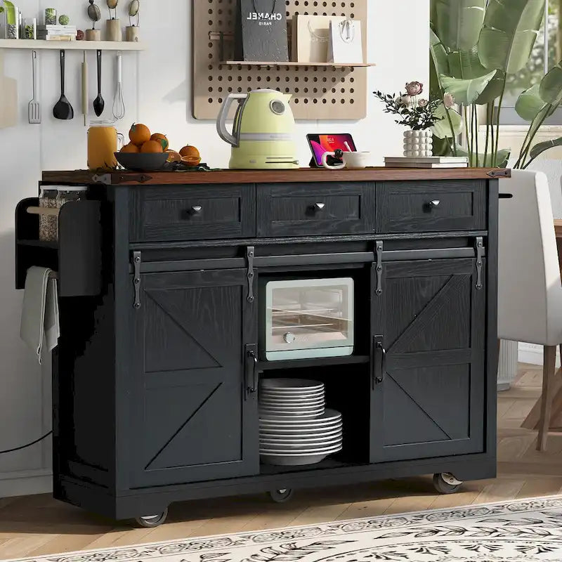 Black Farmhouse Kitchen Island with Storage & Power Outlet, 1-Person