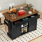 Black Farmhouse Kitchen Island with Storage & Power Outlet, 1-Person