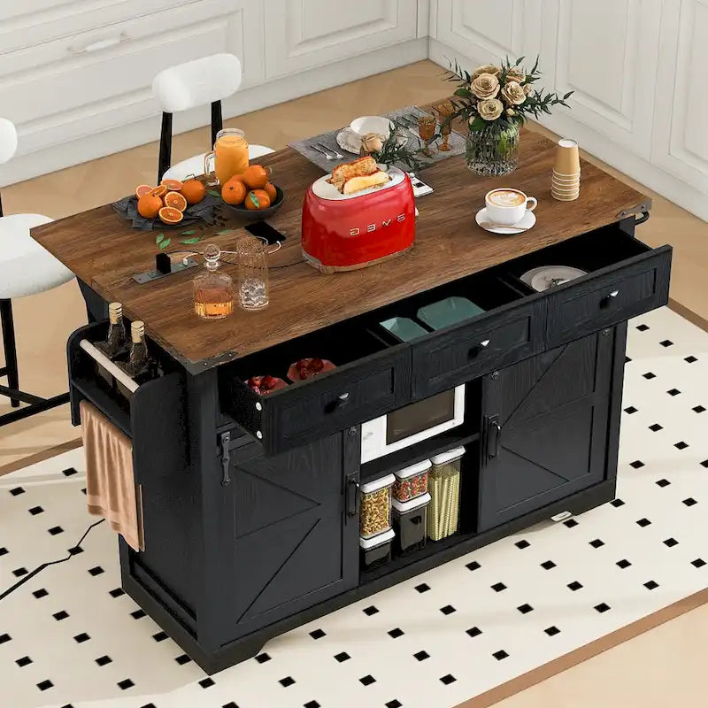 Black Farmhouse Kitchen Island with Storage & Power Outlet, 1-Person