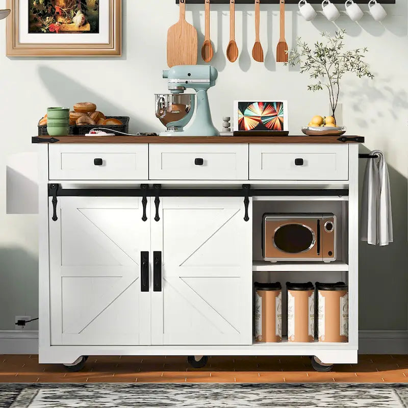 Black Farmhouse Kitchen Island with Storage & Power Outlet, 1-Person