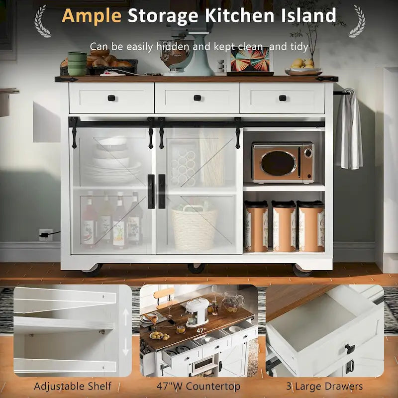 Black Farmhouse Kitchen Island with Storage & Power Outlet, 1-Person