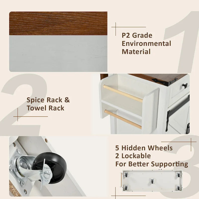 Black Farmhouse Kitchen Island with Storage & Power Outlet, 1-Person