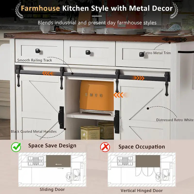 Black Farmhouse Kitchen Island with Storage & Power Outlet, 1-Person
