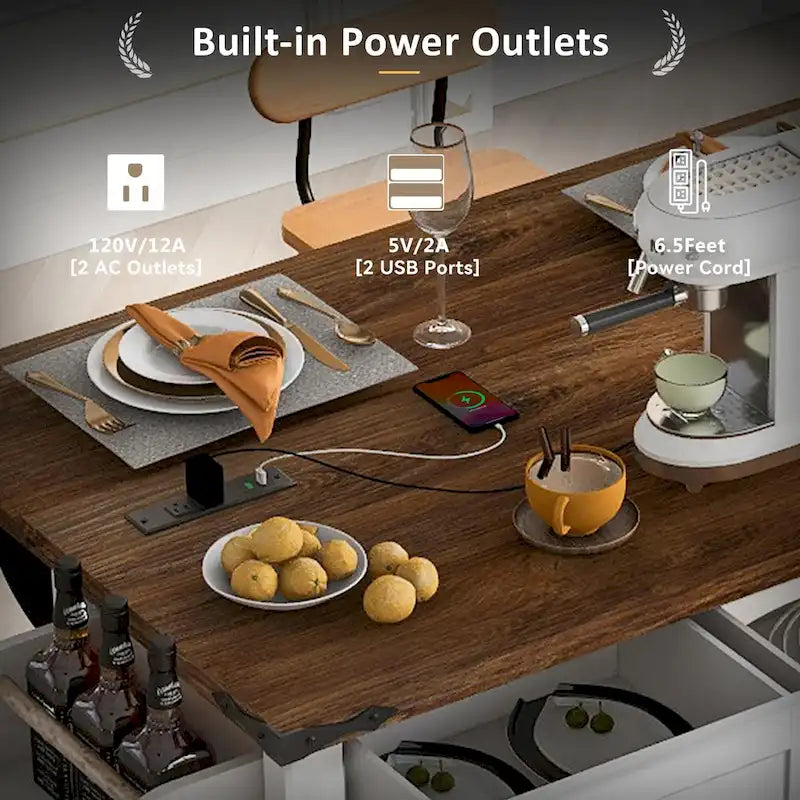 Black Farmhouse Kitchen Island with Storage & Power Outlet, 1-Person