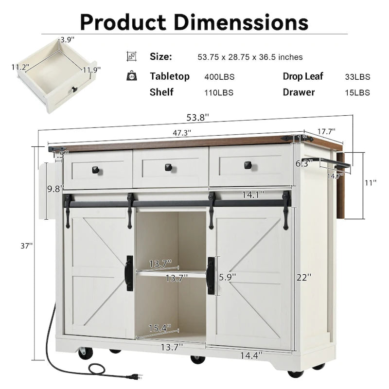 Black Farmhouse Kitchen Island with Storage & Power Outlet, 1-Person