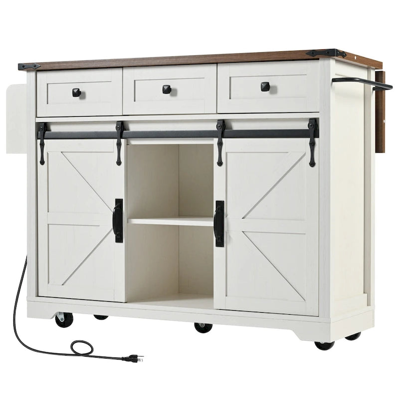 Black Farmhouse Kitchen Island with Storage & Power Outlet, 1-Person