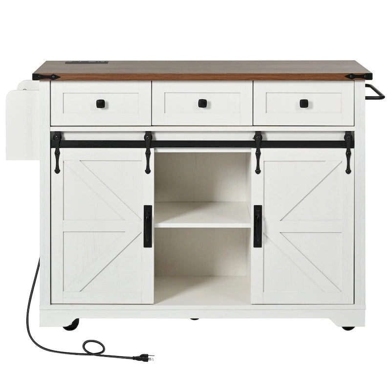 Black Farmhouse Kitchen Island with Storage & Power Outlet, 1-Person