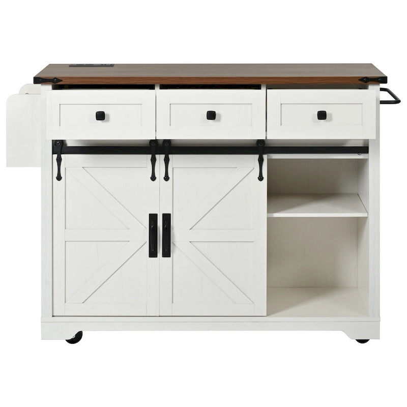 Black Farmhouse Kitchen Island with Storage & Power Outlet, 1-Person